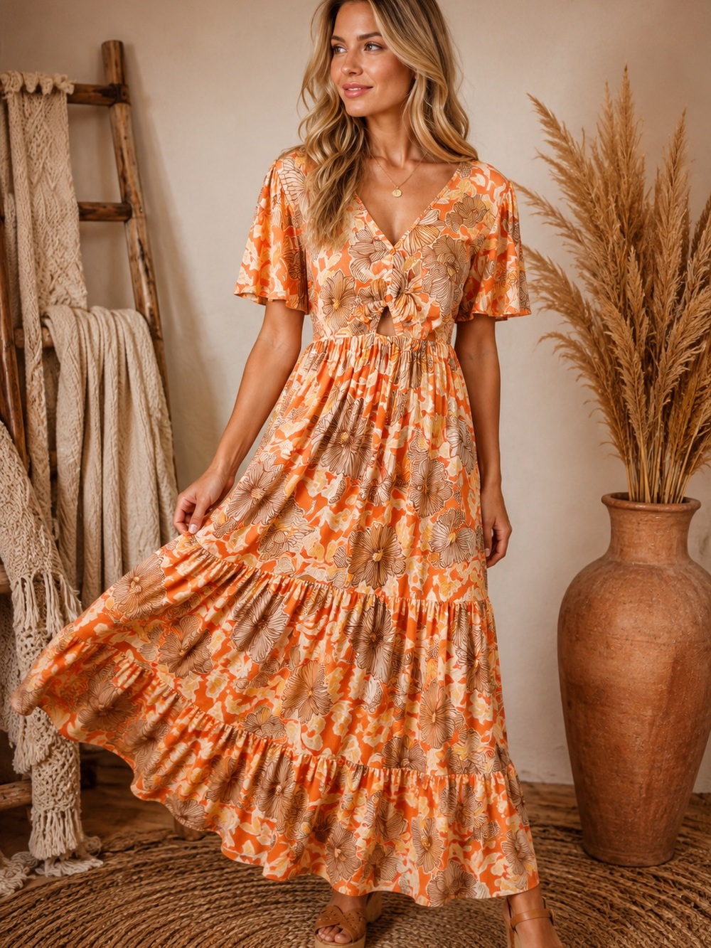 Sunset Floral Tie-Front Maxi Dress - Orange